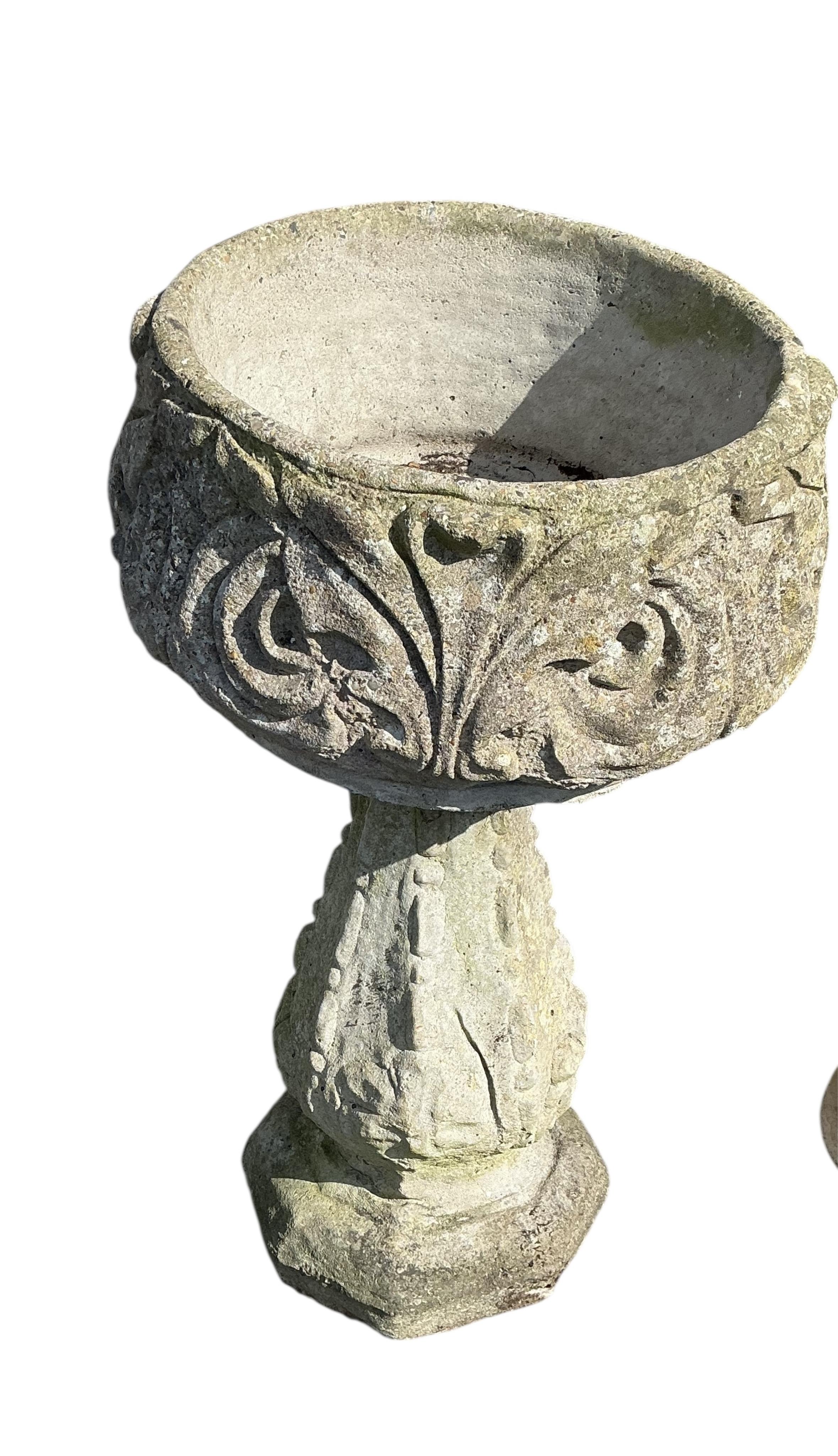 A reconstituted stone urn on pedestal, a stone bust on pedestal, a shell bird bath and a female statue, largest height 72cm